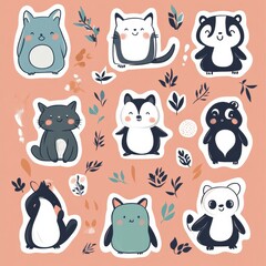 Naklejka premium Cute animal stickers featuring bears, cats, pandas, and more in playful and colorful designs on a soft background. Generative AI