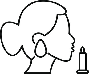 Minimalist line art icon of a woman blowing out a candle, symbolizing celebrations, birthdays, or making a wish