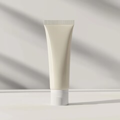 Minimalist cosmetic tube mockup standing upright on a neutral background with soft shadows, perfect for branding presentation, isolated on white background