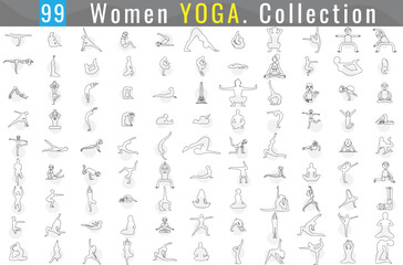 Big set of woman doing yoga exercises. Icons of girl stretching and relaxing her body in many different yoga poses. Black shapes of woman isolated on white background. Yoga complex