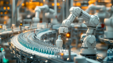 Robotic Production Line for Milk Processing and Bottling in a Dairy Factory

