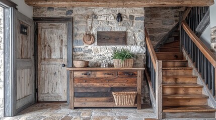 Obraz premium A rustic wooden door with a stone wall and staircase in the background.