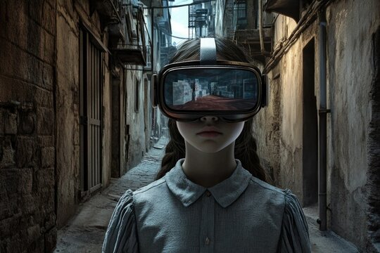 A young girl in a VR headset experiences a dilapidated virtual city, contrasting the grim reality of her surroundings.