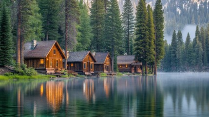 Obraz premium Tranquil Lakeside Cabins Reflected in Serene Waters at Sunrise