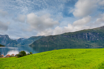 Fototapeta premium Breim is a municipality in the former county of Sogn og Fjordane, Norway. It is part of the traditional district of Nordfjord in the eastern part of the present municipality of Gloppen.