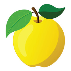 A stylized illustration of a yellow apple with green leaves and a brown stem.