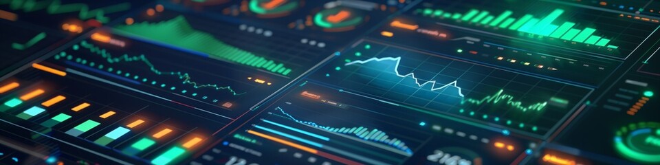 digital screen financial charts stock market data trading analysis dark background neon green