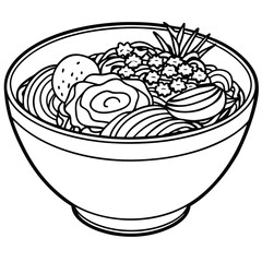 A detailed illustration of a bowl of noodles with various toppings and garnishes.