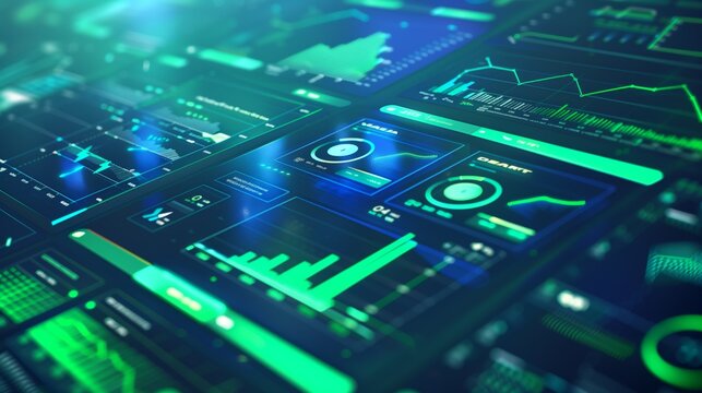 digital data visualization interactive screen neon green graphs dark blue background futuristic display
