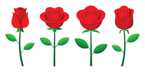 A simple illustration of four red roses with green leaves on a white background.