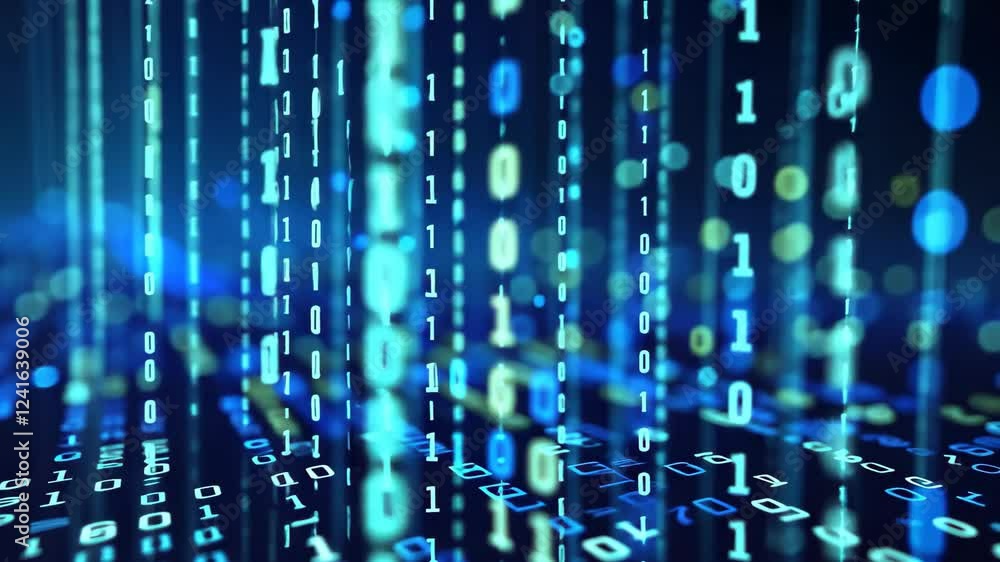 Poster abstract digital background featuring flowing binary code in shades of blue, creating a dynamic and 
