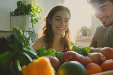 Happy couple unpacking fresh produce, sunlight streaming through window, healthy lifestyle.