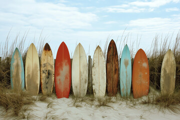 A raw of old vintage surfboards standing up in the sand on the beach