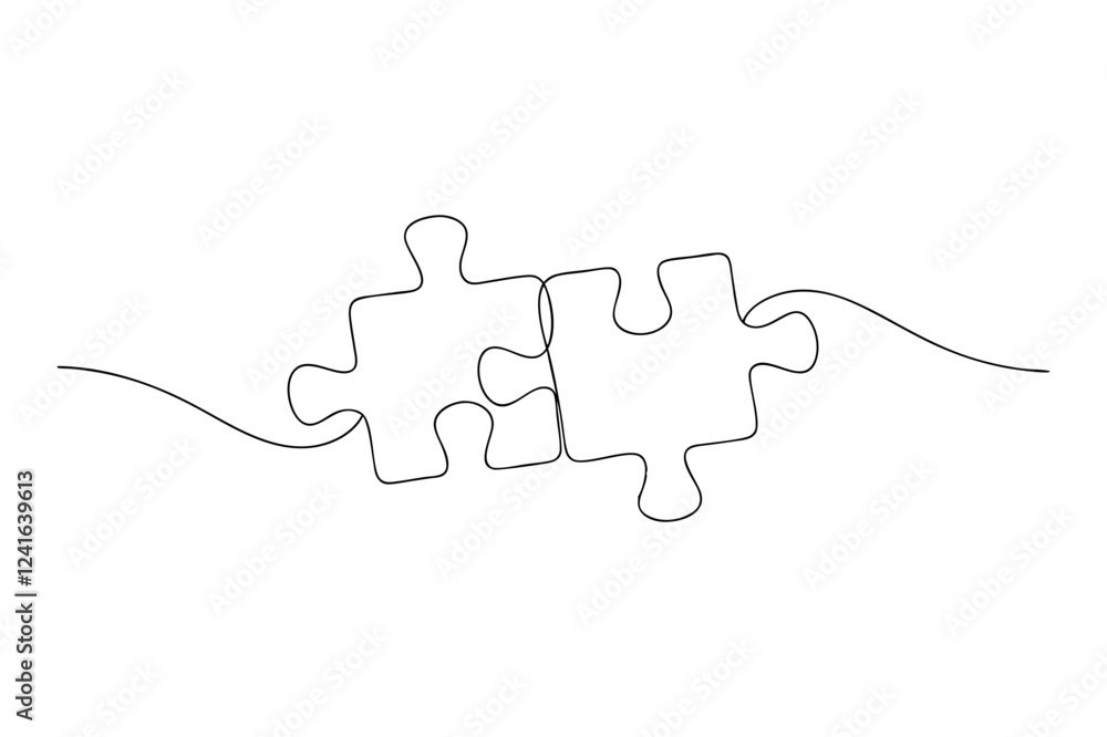 Poster jigsaw puzzle piece with missing piece. continuous line drawing of two puzzle pieces: representing b