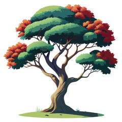 A vibrant illustration of trees with lush green foliage and autumn-colored leaves.