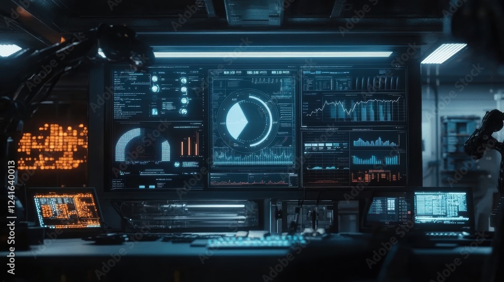 Poster illuminated by dim lighting, a futuristic control room features robotic arms interacting with screen