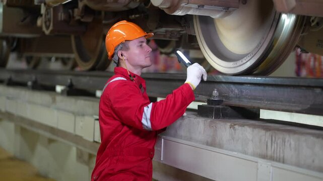 Mechanical Inspection: A skilled technician in an orange hard hat and red uniform meticulously inspects the massive wheels and undercarriage of a train.