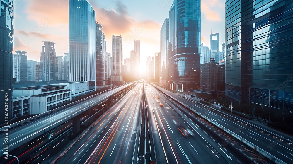 Poster a high-tech highway with sleek, futuristic design elements running through a bustling cityscape of t