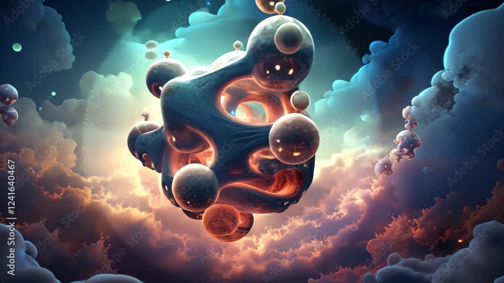Poster exploring interconnected fractals in a digital landscape filled with ethereal clouds and vibrant col