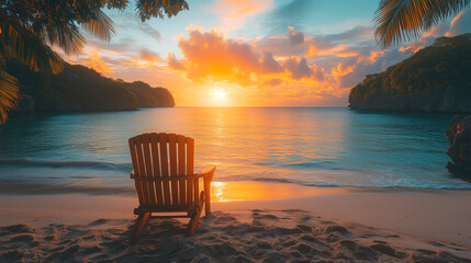 Wooden beach chair enjoying a colorful tropical sunset on a sandy beach