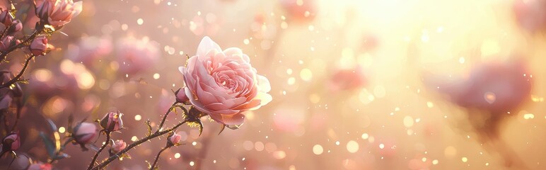 Mockup background with space for text featuring delicate pink roses, soft golden light, and a loving theme for Mothers Day