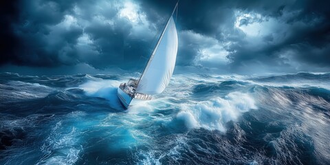 Sailboat sailing in a stormy sea with dramatic sky
