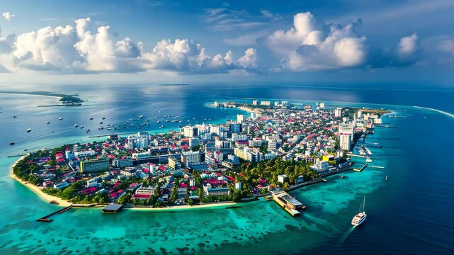 Aerial view of Male, the vibrant capital of the Maldives, showcasing its colorful buildings, clear blue waters, and stunning coastal landscape under a bright sky