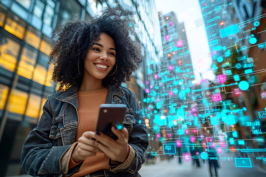 young woman with curly hair smiles while holding smartphone in city setting, surrounded by digital data visuals. Her expression conveys joy and engagement with technology - Powered by Adobe