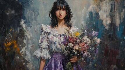 Portrait of a young woman holding a bouquet of flowers in a colorful dress against an abstract background