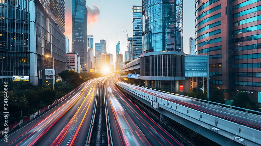 Poster a high-tech highway with sleek, futuristic design elements running through a bustling cityscape of t