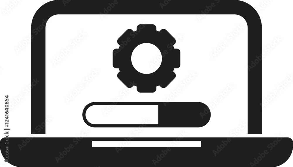 Poster laptop showing software update progress bar and gear icon, representing installation or configuratio