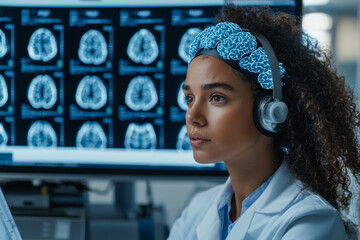 focused woman wearing headset and EEG cap analyzes brain scans on monitor, showcasing advanced technology in neuroscience research