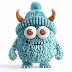soft knitted monster with visible fabric threads, button eyes, and a cozy winter hat, isolated on white