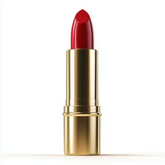 Glossy red lipstick in a stylish golden tube, isolated on a bright white background