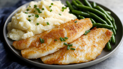 Pan-fried sole fillets with a side of mashed cauliflower and saut&eacute;ed green beans for a low-carb healthy meal.Pan-fried sole fillets with a side of mashed cauliflower and saut&eacute;ed green beans for a low-