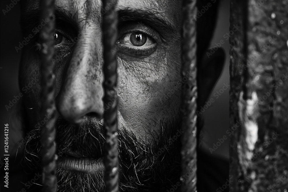 Poster a prisoner behind bars in a prison in jail generative ai