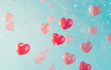 Mockup background with space for text featuring soft pink and red hearts floating on a delicate pastel gradient for Saint Valentines Day and 8 March International Womens Day