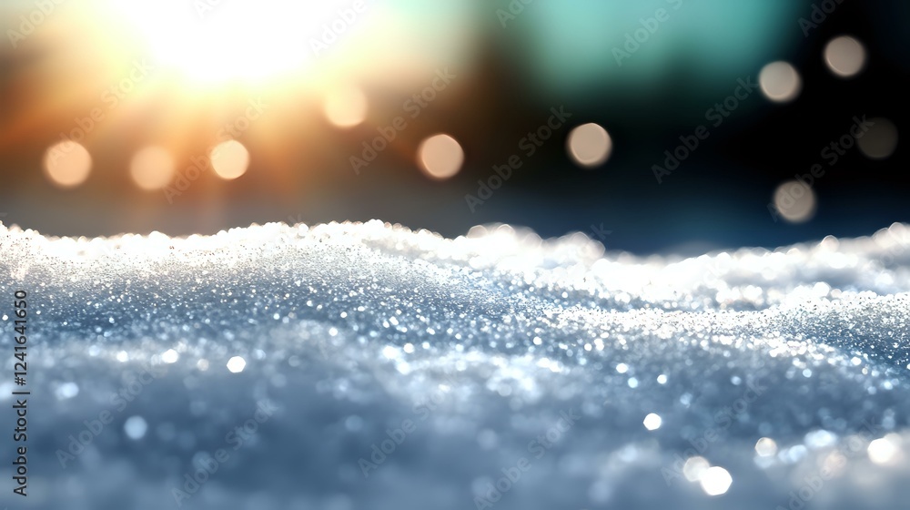 Poster fresh snow surface with sparkling crystals at sunset, magical winter background with soft bokeh ligh