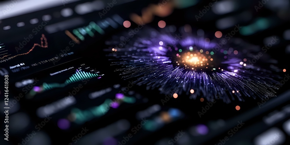 Poster glowing digital visualization with radial light burst effect on dark computer screen showing financi