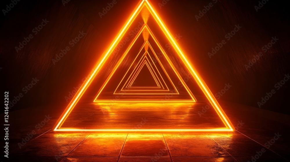 Poster illuminated neon triangles create a striking visual effect in a dark, reflective space
