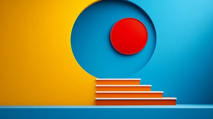 Abstract Steps to Success:  A vibrant 3D rendering showcasing a staircase leading towards a large red circle nestled within a circular cutout in a bold blue wall, set against a sunny yellow backdrop.