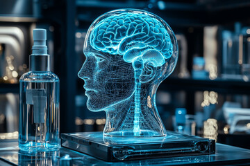 futuristic display featuring transparent head with glowing brain, symbolizing advanced technology and neuroscience. scene includes sleek bottle, enhancing high tech atmosphere