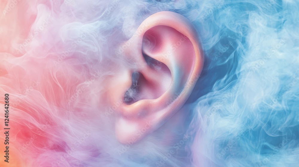 Poster close-up view of an ear partially obscured by colorful smoke creating a surreal artistic effect