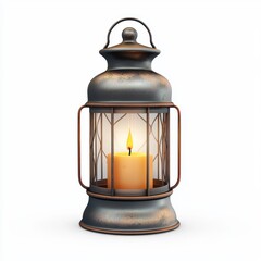 Vintage metal lantern with a flickering candle inside, isolated on a bright white background