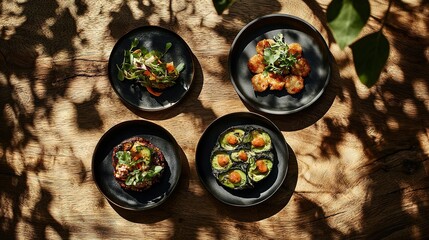   Three plates of food sit on a wooden table next to a potted plant and a pot with a pot inside it