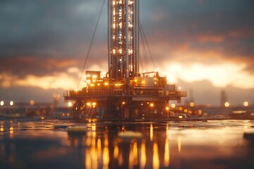 Obraz premium Industrial oil rig silhouetted against golden sunset, reflecting on wet surface with dramatic lighting and powerful energy