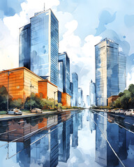Office high-rise buildings in the center of urban construction. Drawn in watercolor style colors.