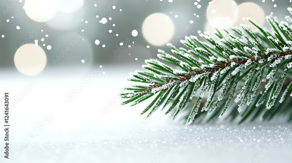 Aufkleber fresh green pine branch with snow and frost against blurred winter bokeh background with soft white 