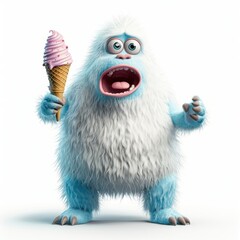 Obraz premium yeti with a surprised face, holding an ice cream cone that is melting, isolated on white