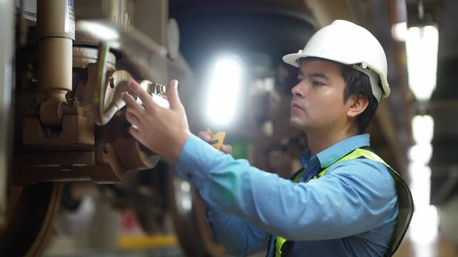 Mechanic Inspecting Train Wheels: A focused mechanic in a hard hat and safety vest diligently inspects the intricate workings of train wheels and undercarriage.